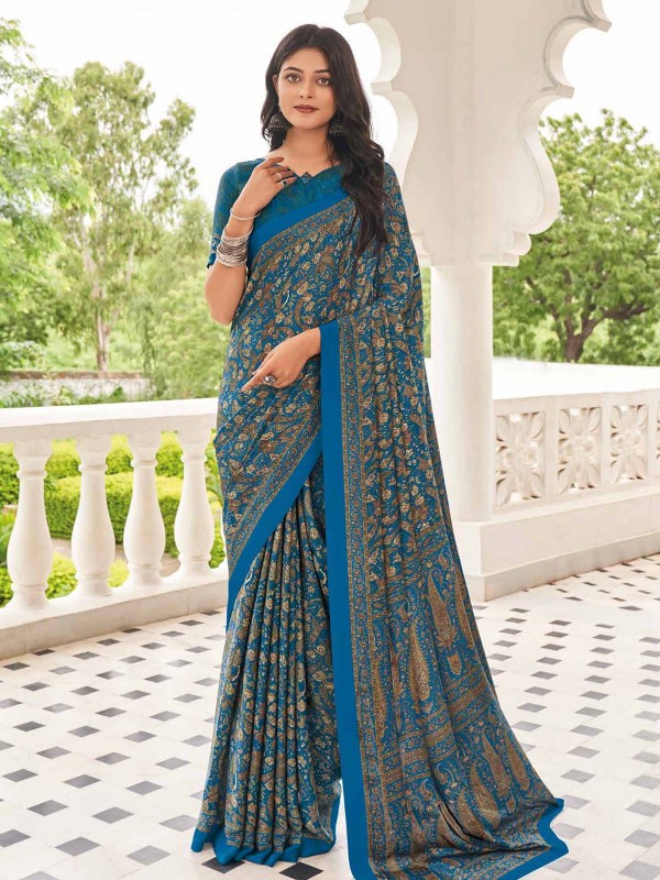 Ocean Blue Crepe Silk Digital Print Saree